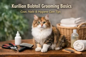 Kurilian Bobtail grooming basics showing an adult Kurilian Bobtail cat with a semi-long coat sitting calmly beside basic grooming tools