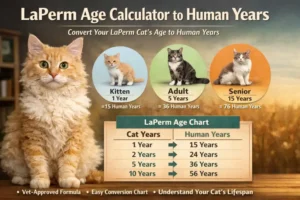 LaPerm age calculator to human years infographic showing a curly-coated LaPerm cat and age conversion chart