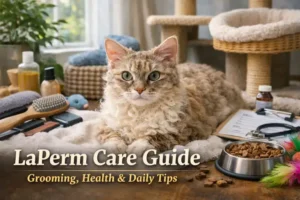LaPerm care guide image showing an adult LaPerm cat with a curly coat resting indoors near grooming tools and cat essentials