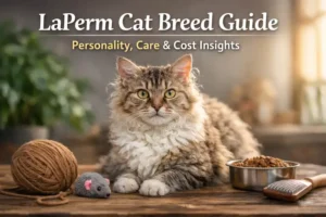 LaPerm cat breed with a soft curly coat resting indoors with a calm, friendly look
