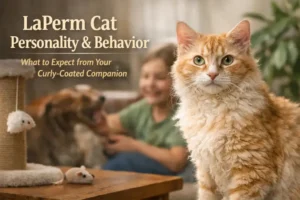 LaPerm cat personality shown through an affectionate curly-coated cat sitting calmly indoors
