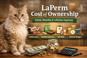 LaPerm cost of ownership infographic showing a curly-coated LaPerm cat with icons for initial costs, monthly expenses, vet bills, and lifetime budget