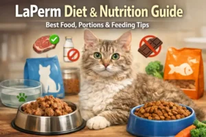 LaPerm cat sitting beside wet and dry food bowls as part of a LaPerm diet and nutrition guide
