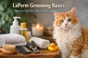 LaPerm cat with a soft curly coat sitting beside grooming tools for LaPerm grooming basics