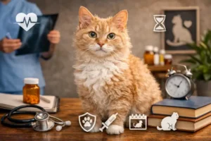 Curly-coated adult LaPerm cat sitting calmly in a veterinary-style setting for a LaPerm health issues and lifespan guide