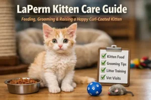 LaPerm kitten care guide cover showing a curly-coated LaPerm kitten with feeding, grooming, and training tips