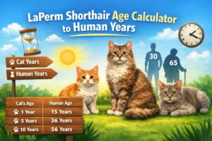 LaPerm Shorthair age calculator showing kitten, adult, and senior cat compared to human ages in a simple age chart