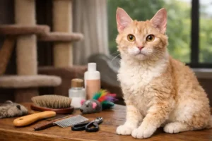 LaPerm Shorthair care showing an adult curly-coated cat with short fur resting indoors