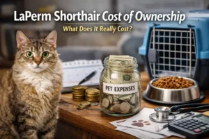 Adult LaPerm Shorthair cat with a short curly coat sitting indoors beside pet care and budgeting items, showing the cost of ownership.