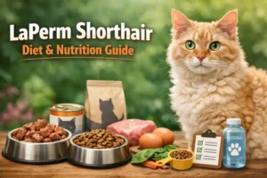 Adult LaPerm Shorthair cat with a curly short coat sitting near bowls of wet and dry food, showing a healthy diet setup