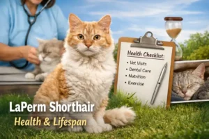 Adult LaPerm Shorthair cat with a short curly coat sitting calmly outdoors, representing LaPerm Shorthair health issues and lifespan.