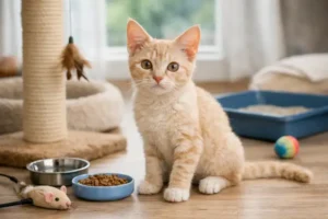 LaPerm Shorthair kitten sitting indoors with food bowl, toys, and scratching post, showing its short curly coat and alert eyes