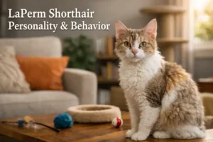 LaPerm Shorthair cat with curly short coat sitting indoors, showing calm and curious personality