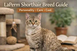 LaPerm Shorthair cat with a short curly coat sitting indoors, showing its medium size, soft curls, and alert, friendly expression