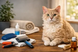 LaPerm Shorthair grooming showing an adult curly-coated cat sitting calmly beside basic grooming tools
