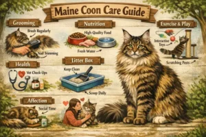 Maine Coon cat care guide covering daily care, grooming, and activity needs