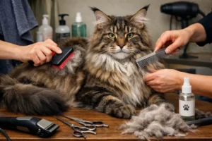 Maine Coon cat grooming basics including brushing, coat care, and hygiene