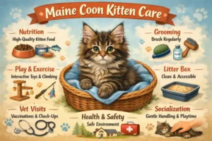 Maine Coon kitten care guide showing early growth, feeding, and care needs