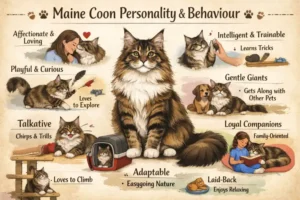 Maine Coon cat personality and behavior traits shown in a friendly home environment