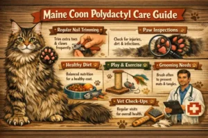 Maine Coon Polydactyl cat care guide covering daily care, grooming, and activity needs