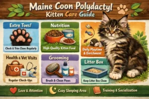 Maine Coon Polydactyl kitten care guide showing early growth, feeding, and care needs