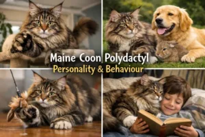 Maine Coon Polydactyl cat personality and behavior traits shown in a friendly home environment