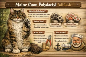 Maine Coon Polydactyl cat full breed guide showing extra toes, large body, and long coat