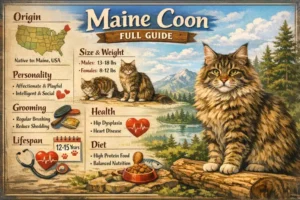 Maine Coon cat full breed guide showing large body, long coat, and tufted ears