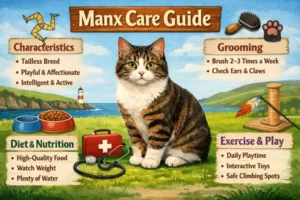 Manx cat care guide covering daily care, grooming, and indoor living needs