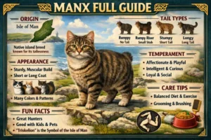 Manx cat full breed guide showing tailless body, round features, and coat types