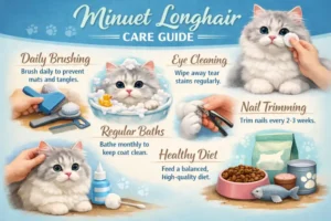 Minuet Longhair cat care guide covering daily care, grooming, and indoor living needs
