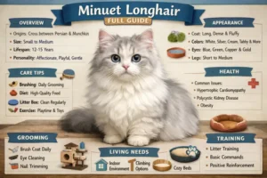 Minuet Longhair cat care guide covering daily care, grooming, and indoor living needs