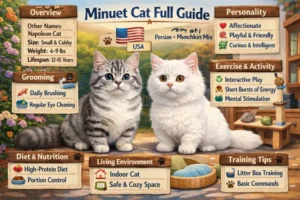 Minuet cat full breed guide showing short legs, round face, and coat features