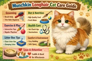 Munchkin Longhair cat care guide covering daily care, grooming, and indoor living needs