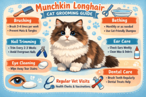 Munchkin Longhair cat care guide covering daily care, grooming, and indoor living needs