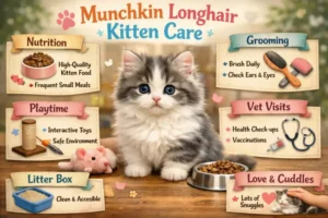 Munchkin Longhair kitten care guide showing early growth, feeding, and care needs