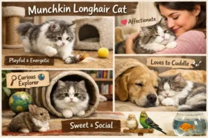 Munchkin Longhair cat personality and behavior traits shown in a friendly home environment