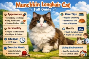 Munchkin Longhair cat full breed guide showing short legs, long coat, and compact body