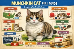 Munchkin cat full breed guide showing short legs, compact body, and coat types