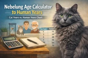 Nebelung age calculator showing a blue-gray Nebelung cat and a cat-to-human age chart for easy age comparison
