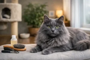 Nebelung cat care example showing an adult Nebelung with a long gray coat resting indoors in a calm home setting