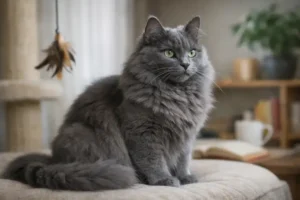 Adult Nebelung cat with a long blue-gray coat and green eyes resting calmly indoors, showing the quiet Nebelung personality.