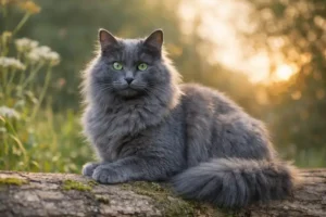 Adult Nebelung cat with a long blue-gray coat and green eyes resting calmly outdoors