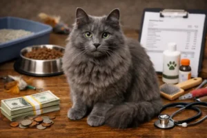 Adult Nebelung cat with long blue-gray coat sitting indoors, showing items related to the Nebelung cost of ownership such as grooming tools and pet care supplies.
