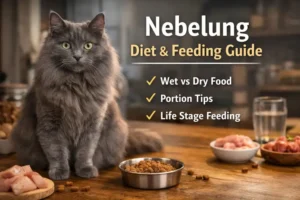 Adult Nebelung cat with long blue-gray coat sitting indoors near wet and dry food bowls as part of a Nebelung diet guide