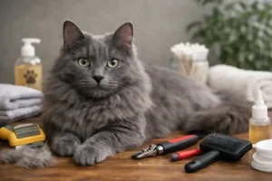 Nebelung grooming basics showing an adult Nebelung cat with a long blue-gray coat during a calm grooming setup indoors