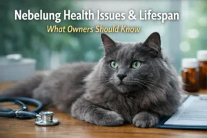 Adult Nebelung cat with a long blue-gray coat and green eyes resting indoors, representing Nebelung health issues and lifespan.