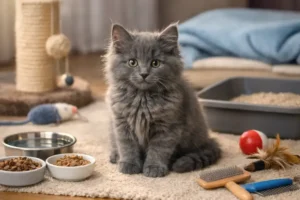 Nebelung kitten care showing a fluffy blue-gray Nebelung kitten sitting indoors with food bowls, toys, and grooming tools.