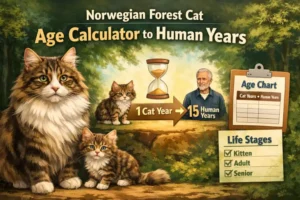 Norwegian Forest Cat age calculator showing adult and kitten cats with an age chart comparing cat years to human years