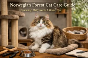 Norwegian Forest Cat with long double coat resting indoors, showing grooming tools and home care setup